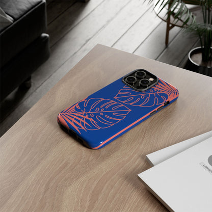 Tropical Monstera Phone Case — Blue & Coral Leaf Protective Cover