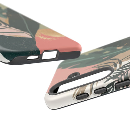 Tropical Leaf Tough Phone Case — Abstract Pink & Green Botanical Protective Cover