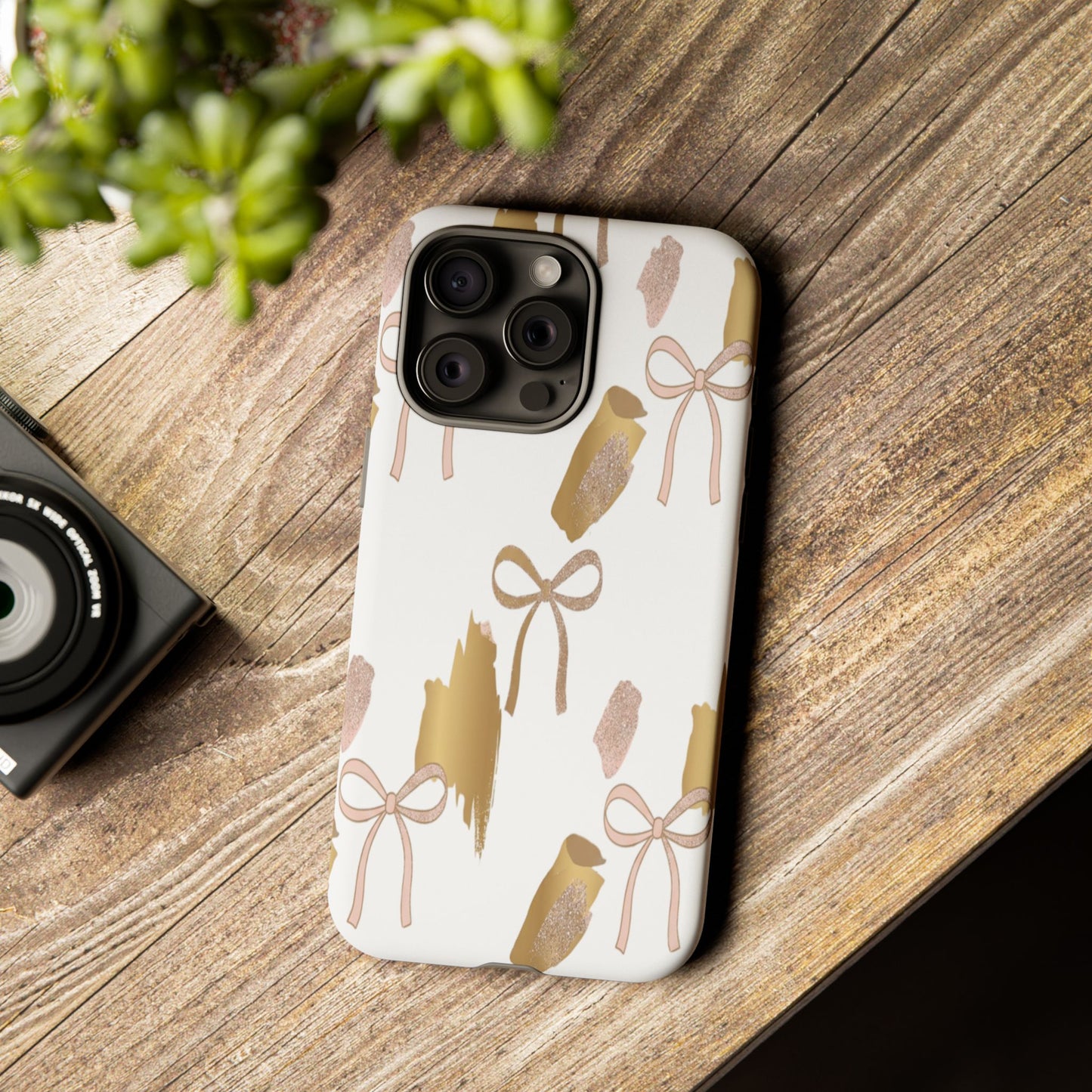 Phone Case — Gold Brushstroke & Blush Bow Pattern