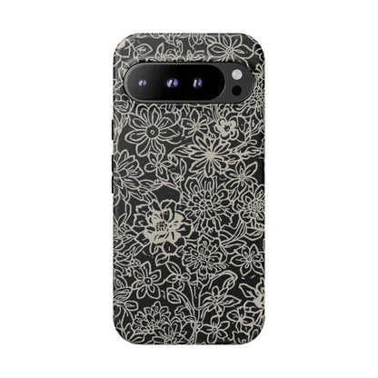 Floral Doodle Tough Phone Case — Black & White Sketch Flower Protective Cover