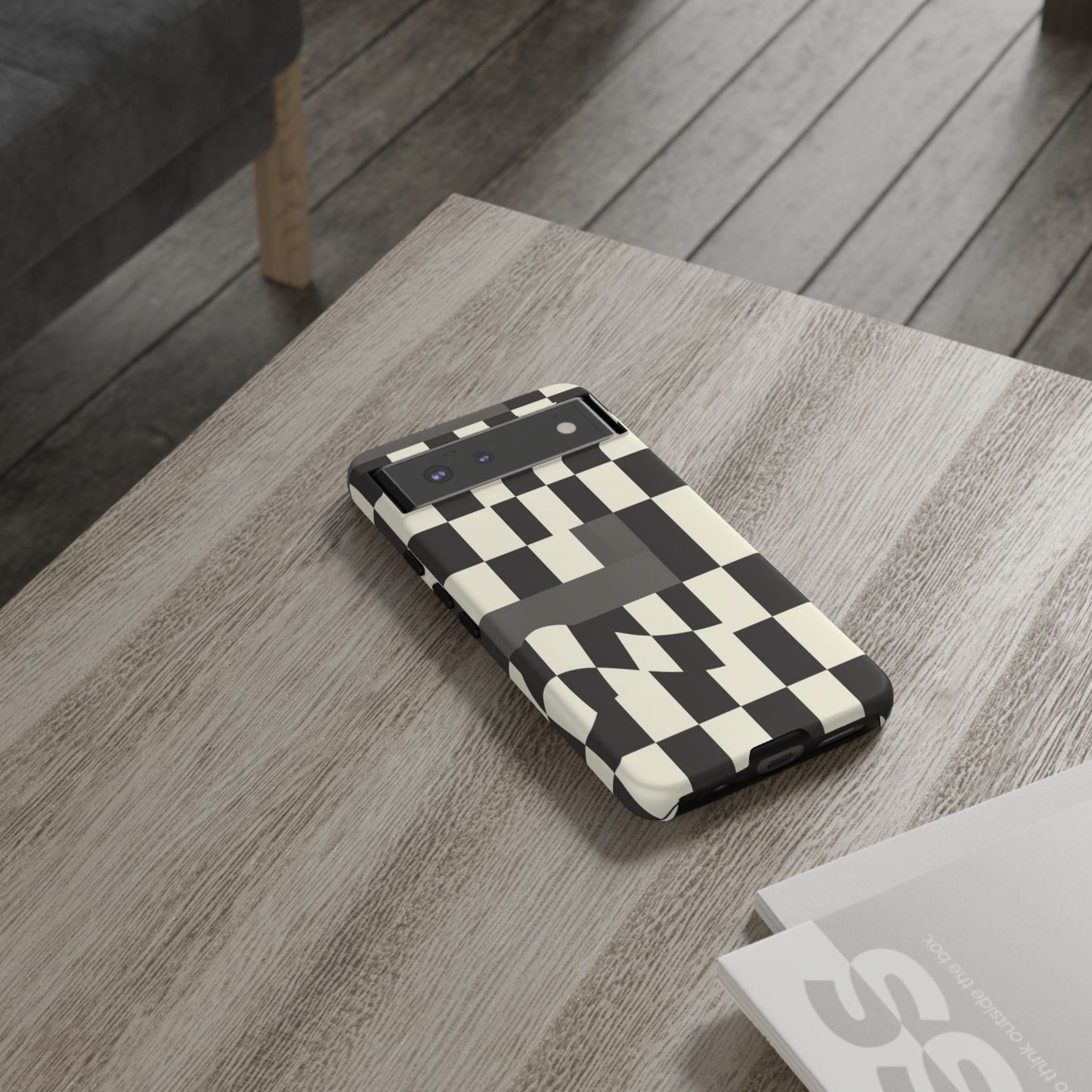 Checkerboard Wave Phone Case — Black & Cream Graphic Tough Case