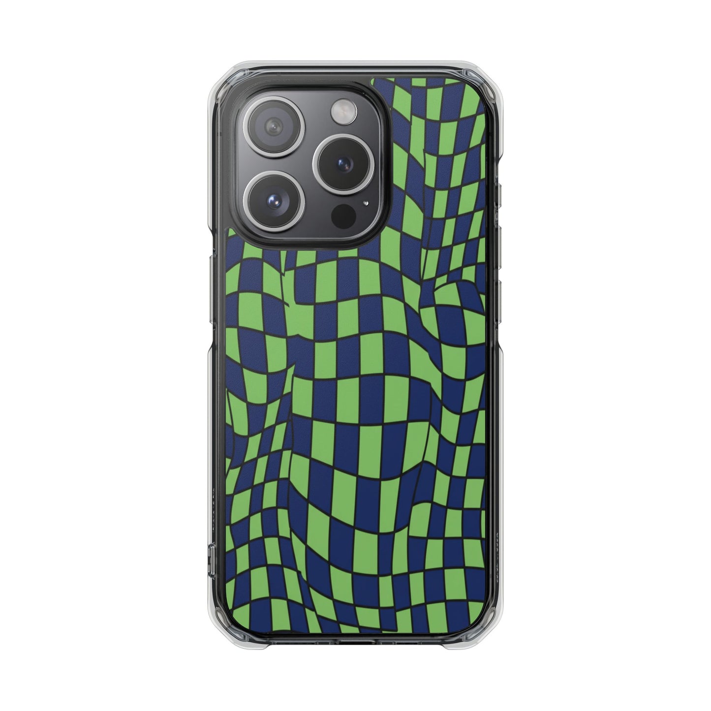 Clear Magnetic Phone Case — Green Distorted Checkerboard Design