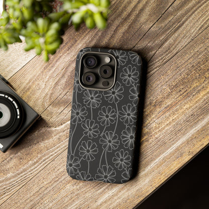 Floral Doodle Tough Phone Case — Black & Gray Daisy Pattern
