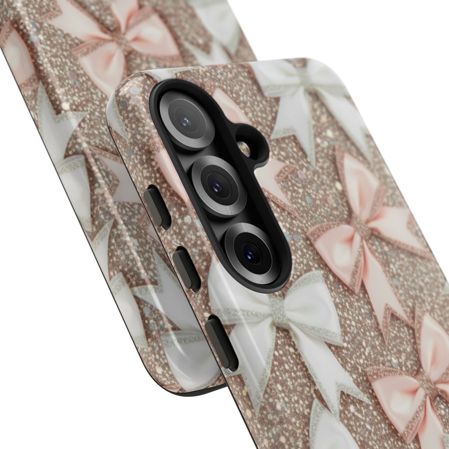 Glitter Bow Tough Phone Case — Pink & White Ribbon Protective Cover