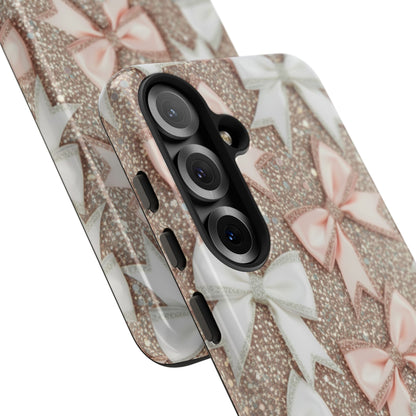 Glitter Bow Tough Phone Case — Pink & White Ribbon Protective Cover