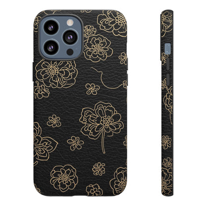 Floral Leather-Texture Tough Case – Black Gold Outline Phone Cover