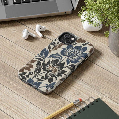 Floral Vintage Tough Phone Case — Blue & Brown Botanical Protection