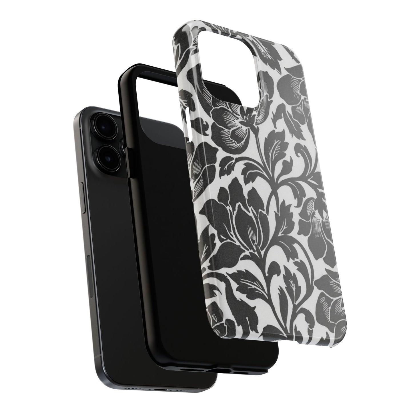 Tough Phone Case — Black & White Vintage Floral Protective Cover