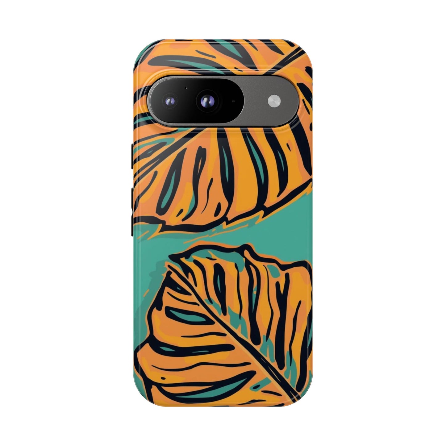 Tropical Leaf Tough Phone Case — Orange Monstera Design on Teal