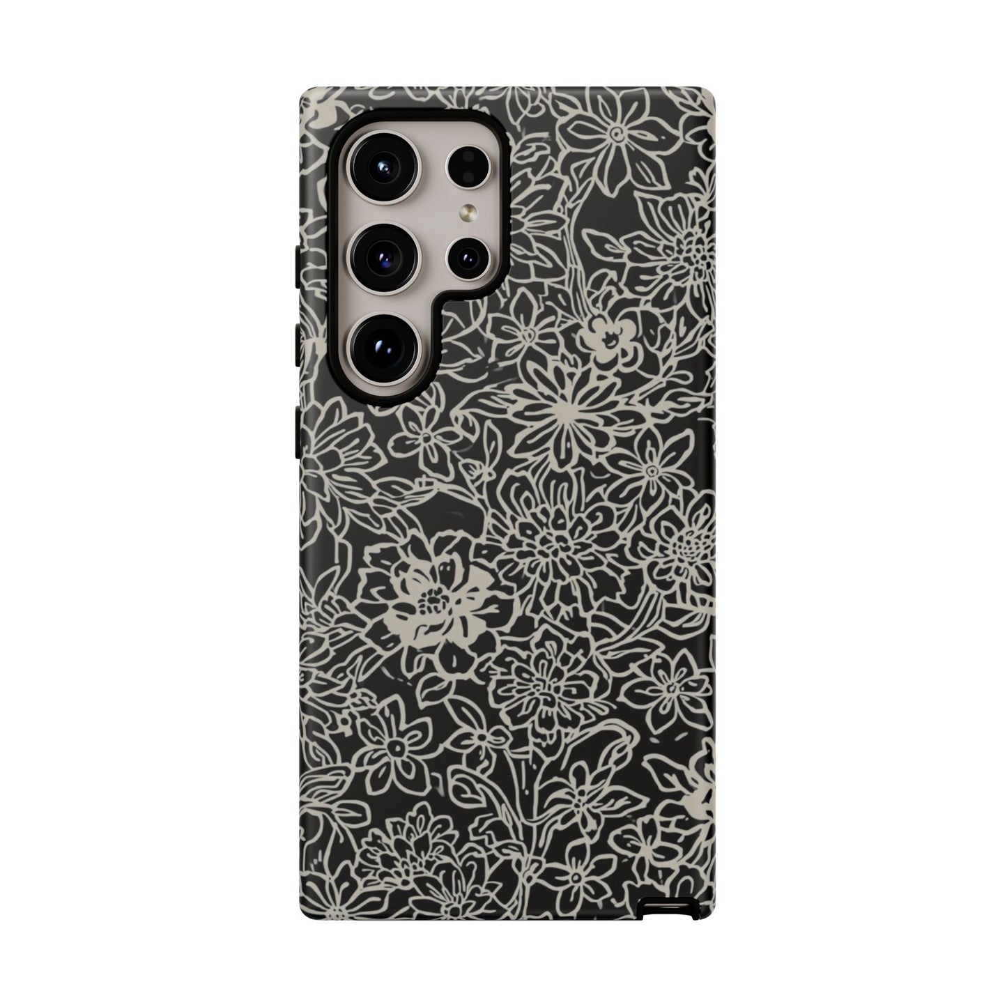 Floral Doodle Tough Phone Case — Black & White Sketch Flower Protective Cover