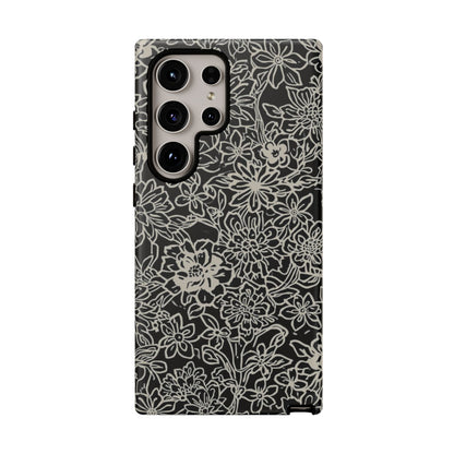 Floral Doodle Tough Phone Case — Black & White Sketch Flower Protective Cover