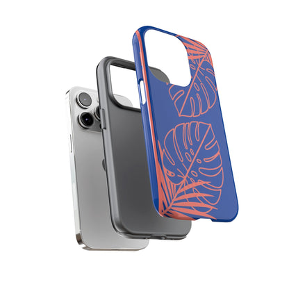 Tropical Monstera Phone Case — Blue & Coral Leaf Protective Cover