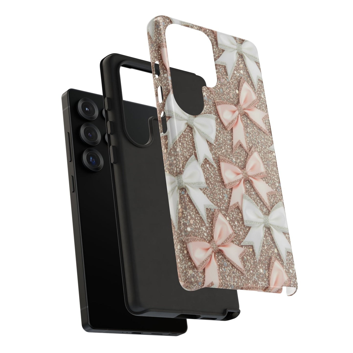 Glitter Bow Tough Phone Case — Pink & White Ribbon Protective Cover