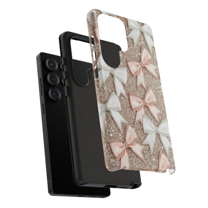 Glitter Bow Tough Phone Case — Pink & White Ribbon Protective Cover