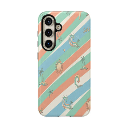 Retro Beach Stripes Phone Case — Sun, Waves & Palm Pattern Tough Case