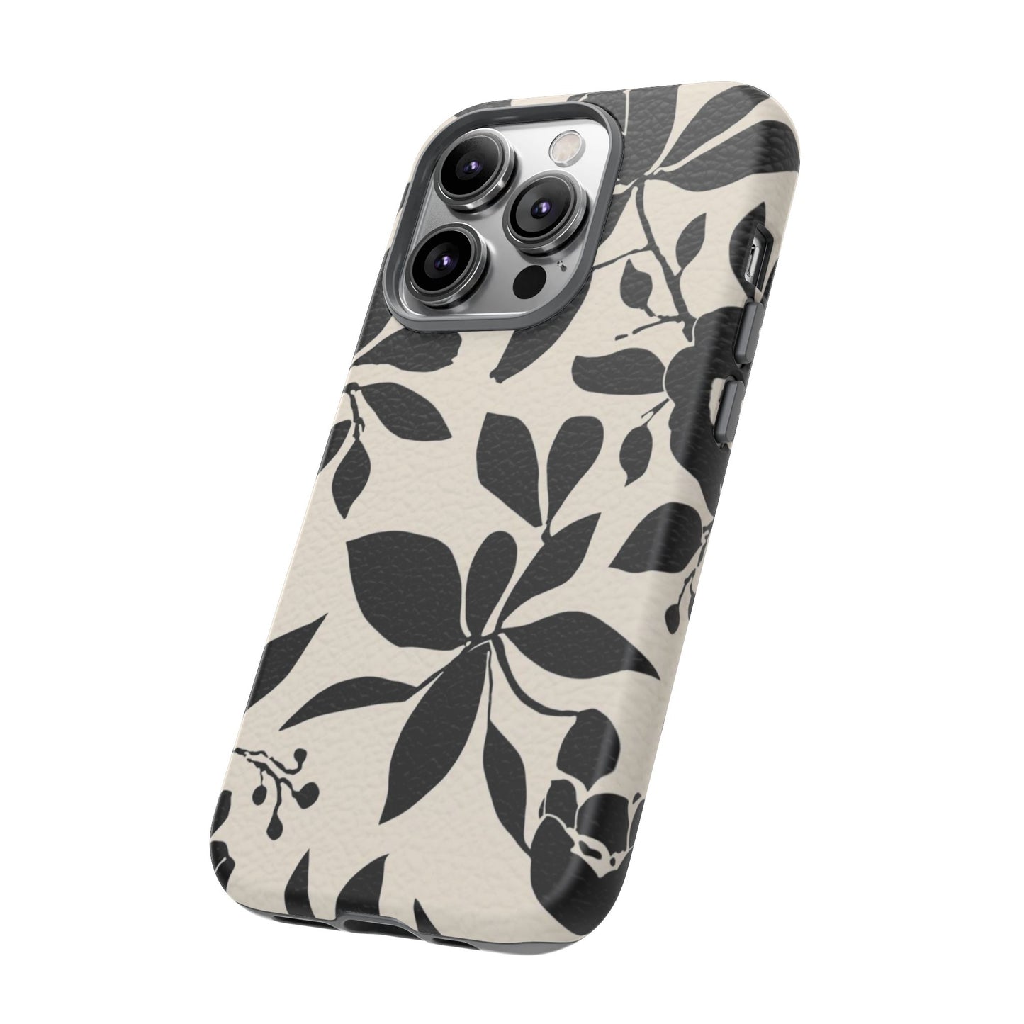 Black Floral Pattern Phone Case — Monochrome Botanical Tough Case