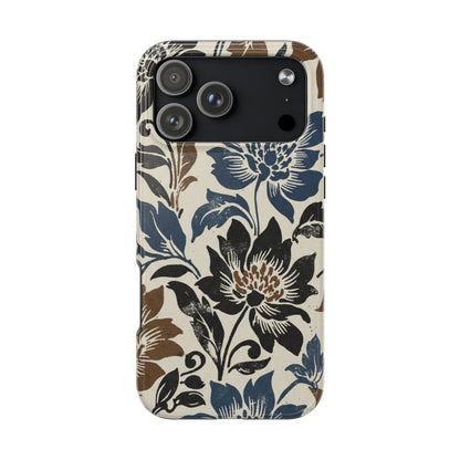 Floral Vintage Tough Phone Case — Blue & Brown Botanical Protection