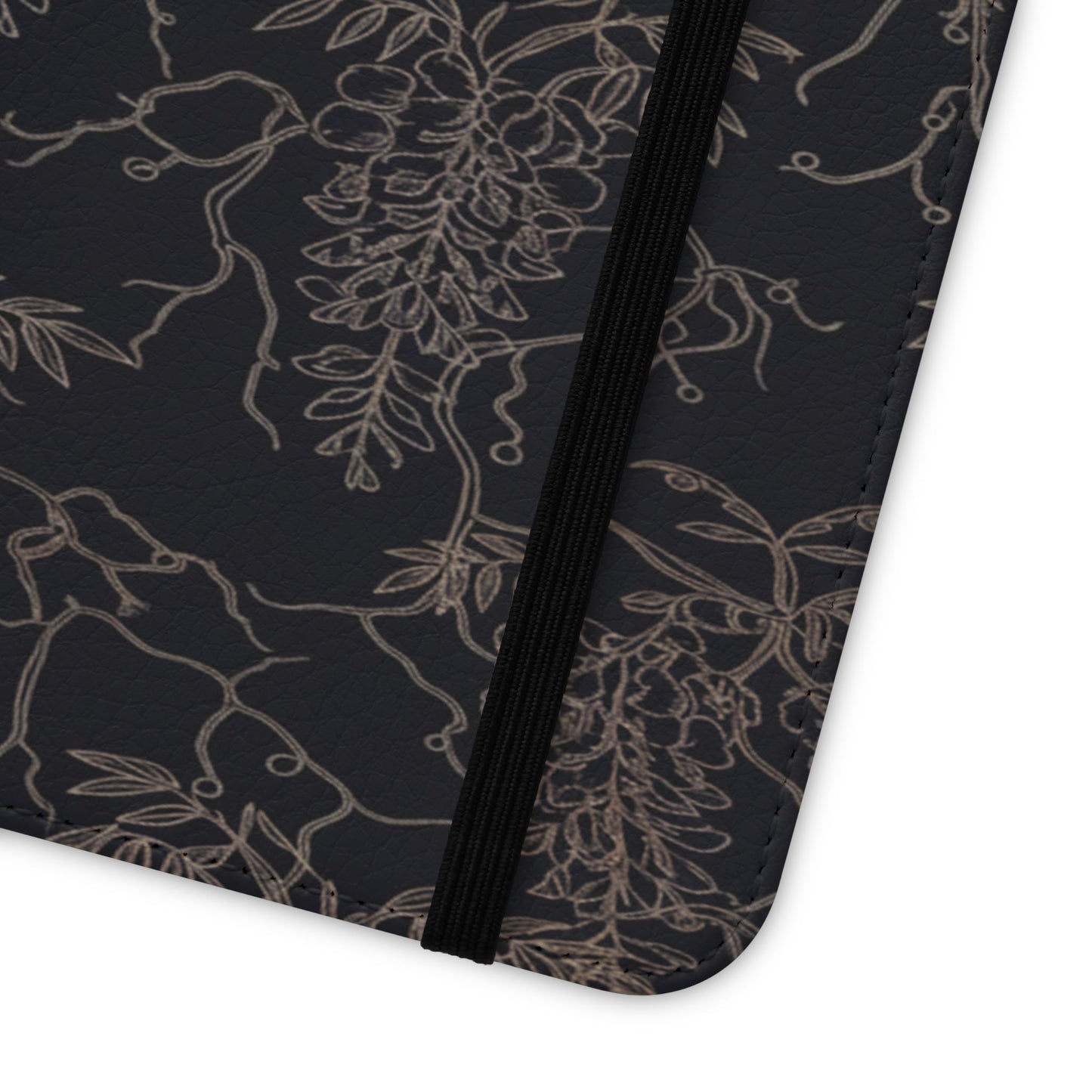 Botanical Noir Flip Phone Case — Dark Floral Wallet Cover with Card Slots