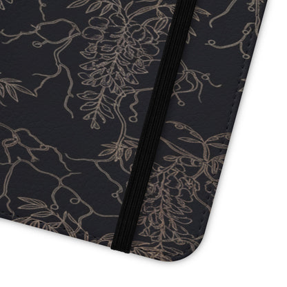Botanical Noir Flip Phone Case — Dark Floral Wallet Cover with Card Slots