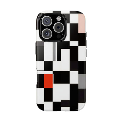Abstract Geometric Phone Case – Black & White Checker Grid with Red Accent