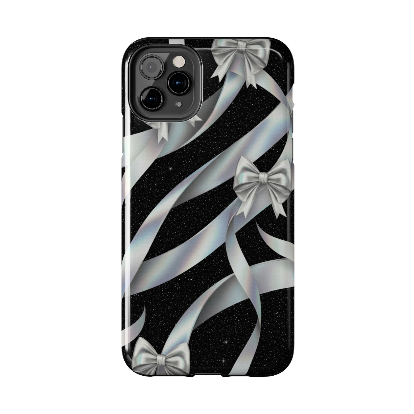 Silver Ribbon Bow Tough Phone Case — Glitter Black Protective Phone Case