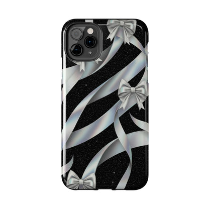 Silver Ribbon Bow Tough Phone Case — Glitter Black Protective Phone Case