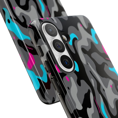 Camouflage Phone Case — Gray Camo with Neon Pink & Cyan Accent Tough Protective Cover