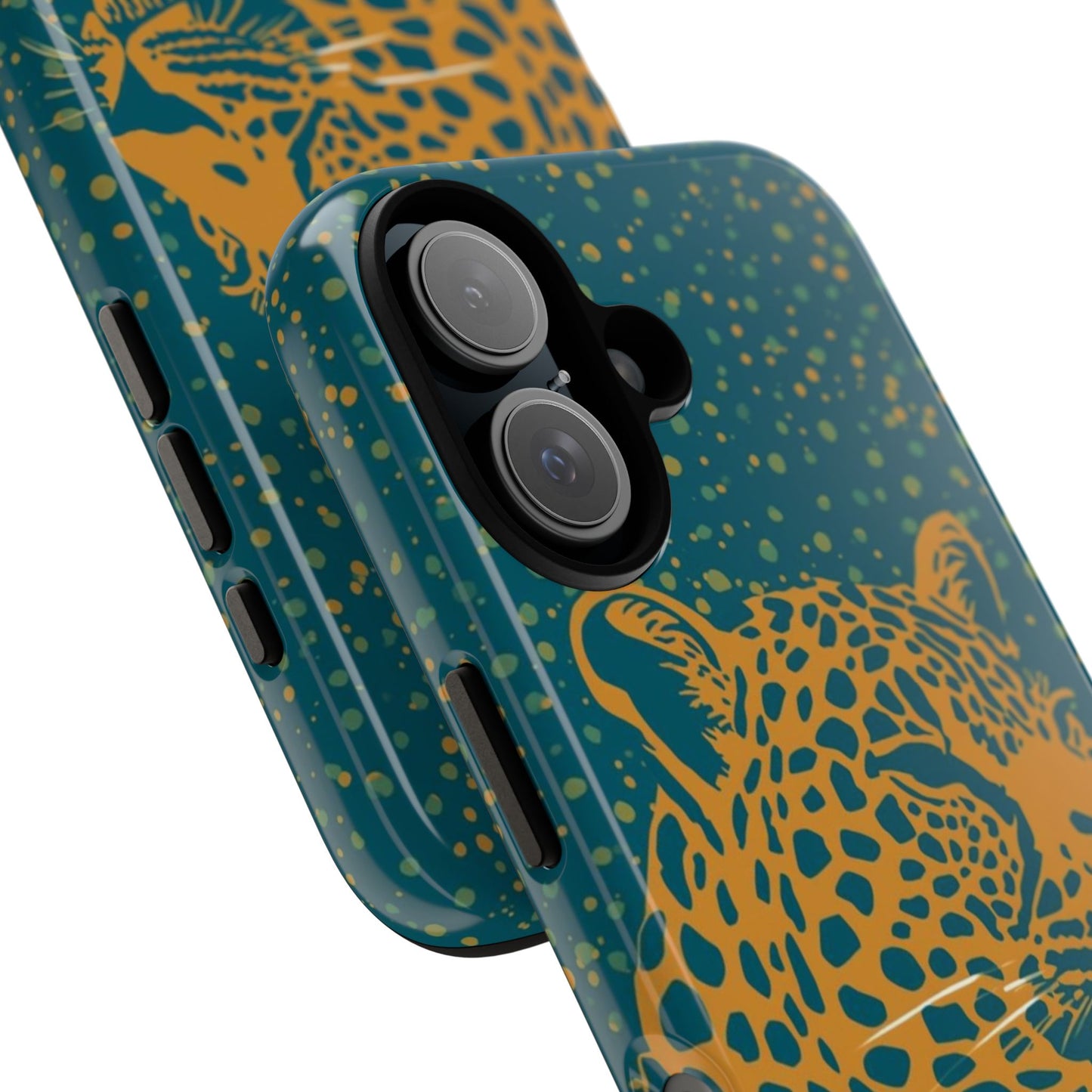 Leopard Print Tough Phone Case — Gold Panther on Teal, Protective iPhone Cover