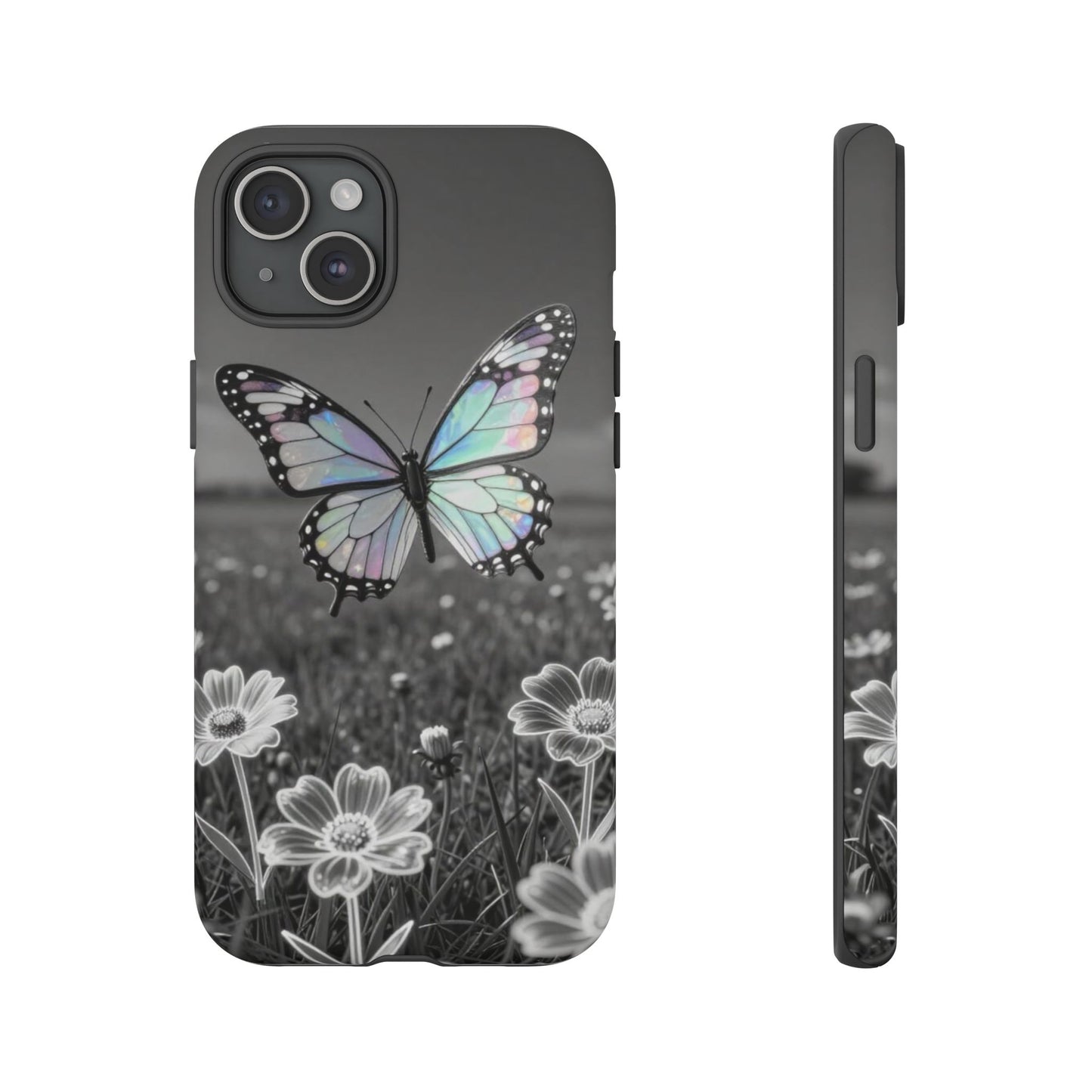 Butterfly Field Tough Phone Case — Pastel Holographic Butterfly on Black & White Floral Background
