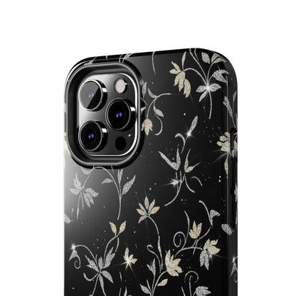 Floral Noir Tough Phone Case — Vintage Black Botanical Protective Cover