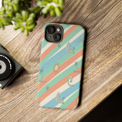 Retro Beach Stripes Phone Case — Sun, Waves & Palm Pattern Tough Case