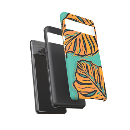 Tropical Leaf Tough Phone Case — Orange Monstera Design on Teal