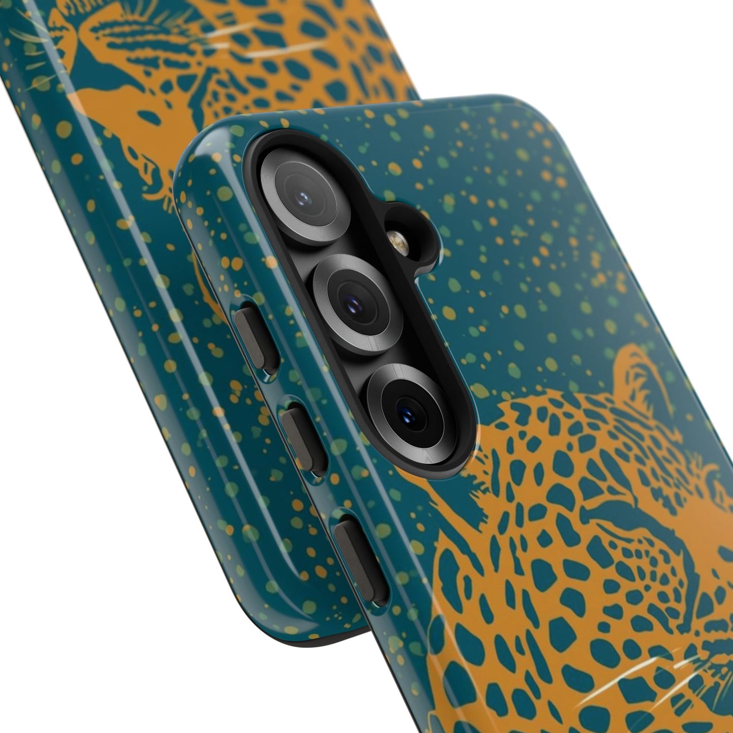 Leopard Print Tough Phone Case — Gold Panther on Teal, Protective iPhone Cover