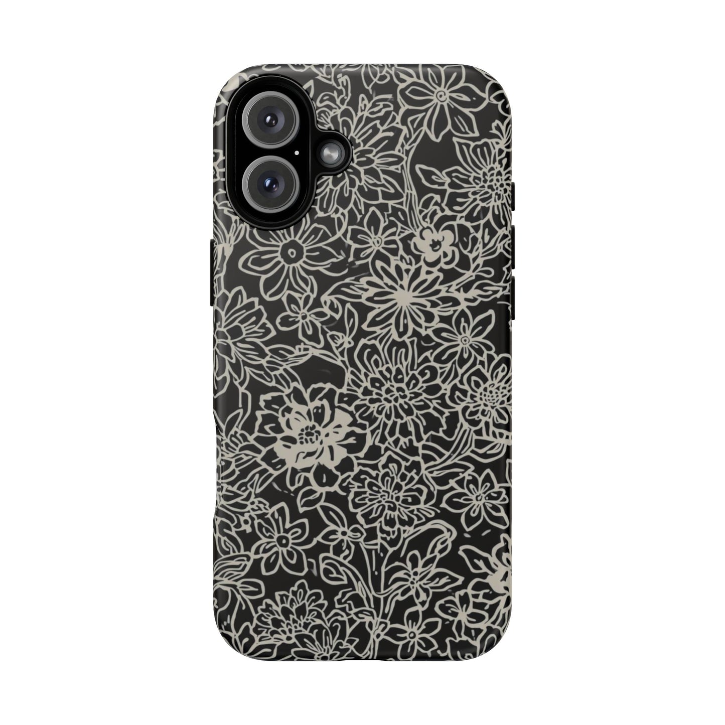 Floral Doodle Tough Phone Case — Black & White Sketch Flower Protective Cover