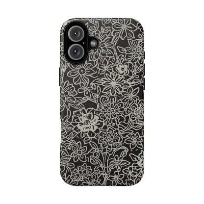 Floral Doodle Tough Phone Case — Black & White Sketch Flower Protective Cover