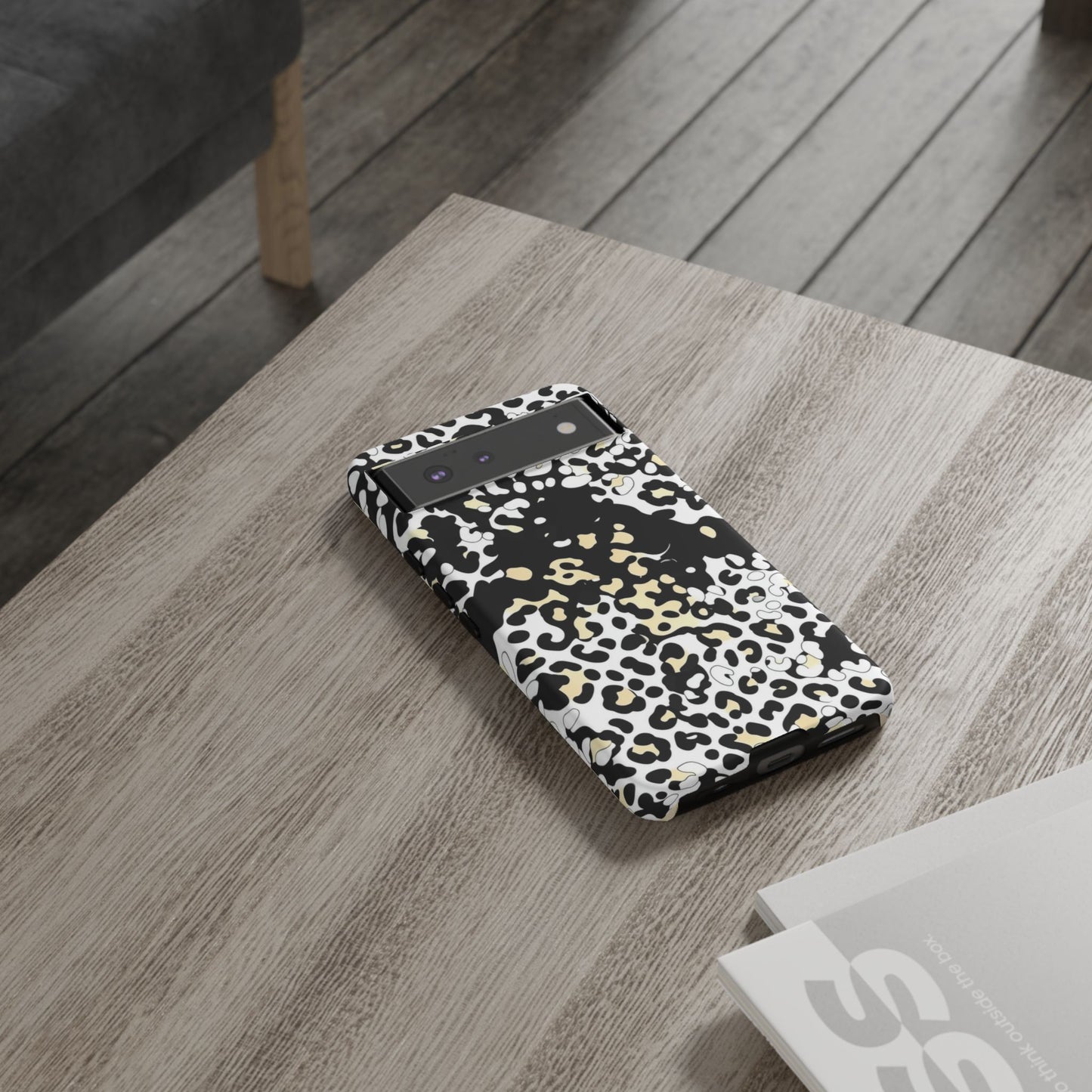 Leopard Splash Tough Phone Case — Black & Cream Animal Print Protective Cover