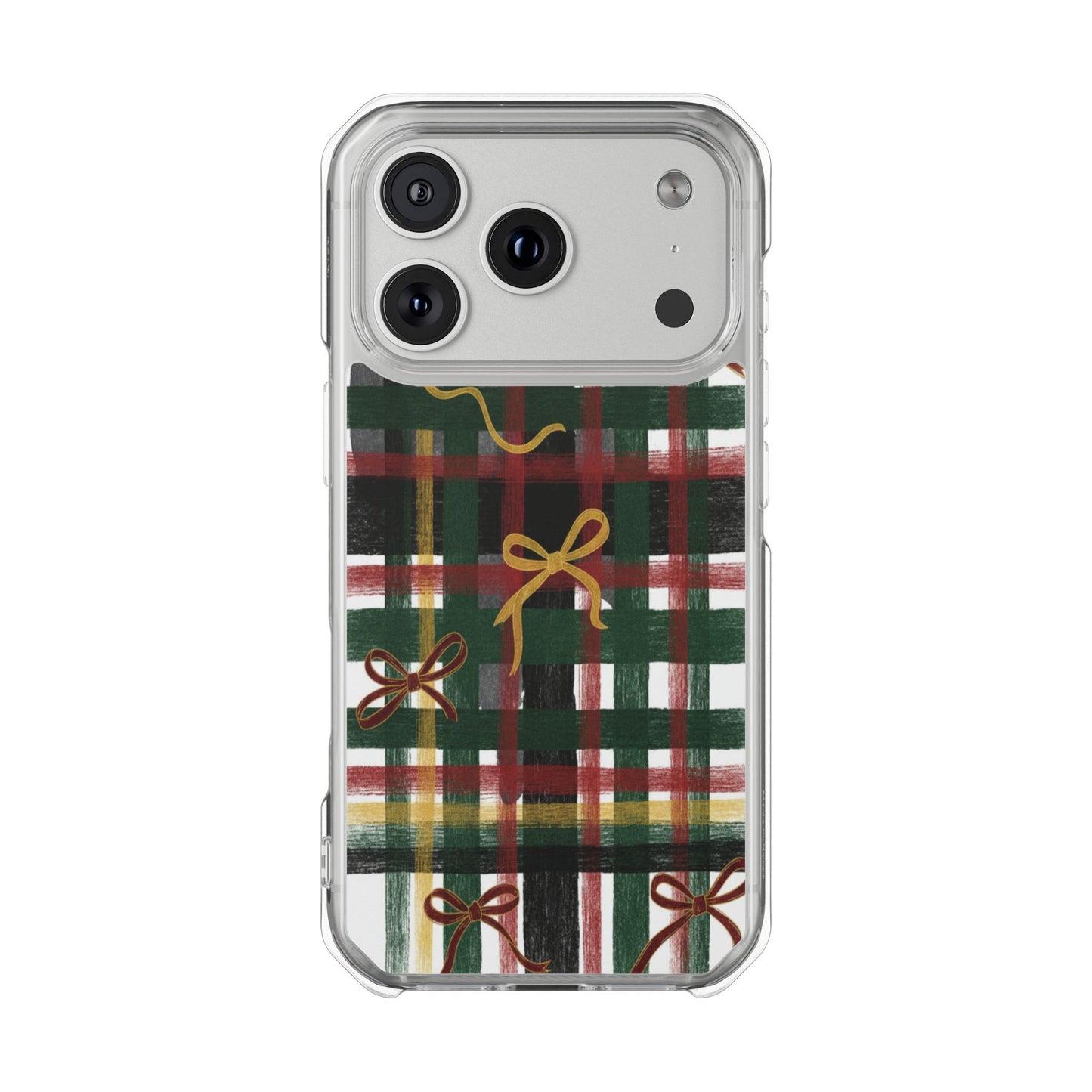 Phone Case - Festive Plaid with Gold Bows Clear Magnetic Impact Case