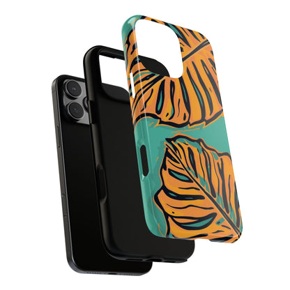 Tropical Leaf Tough Phone Case — Orange Monstera Design on Teal