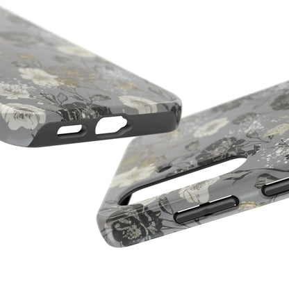 Floral Gray Tough Phone Case — Elegant Protective Phone Cover with Gold Accent