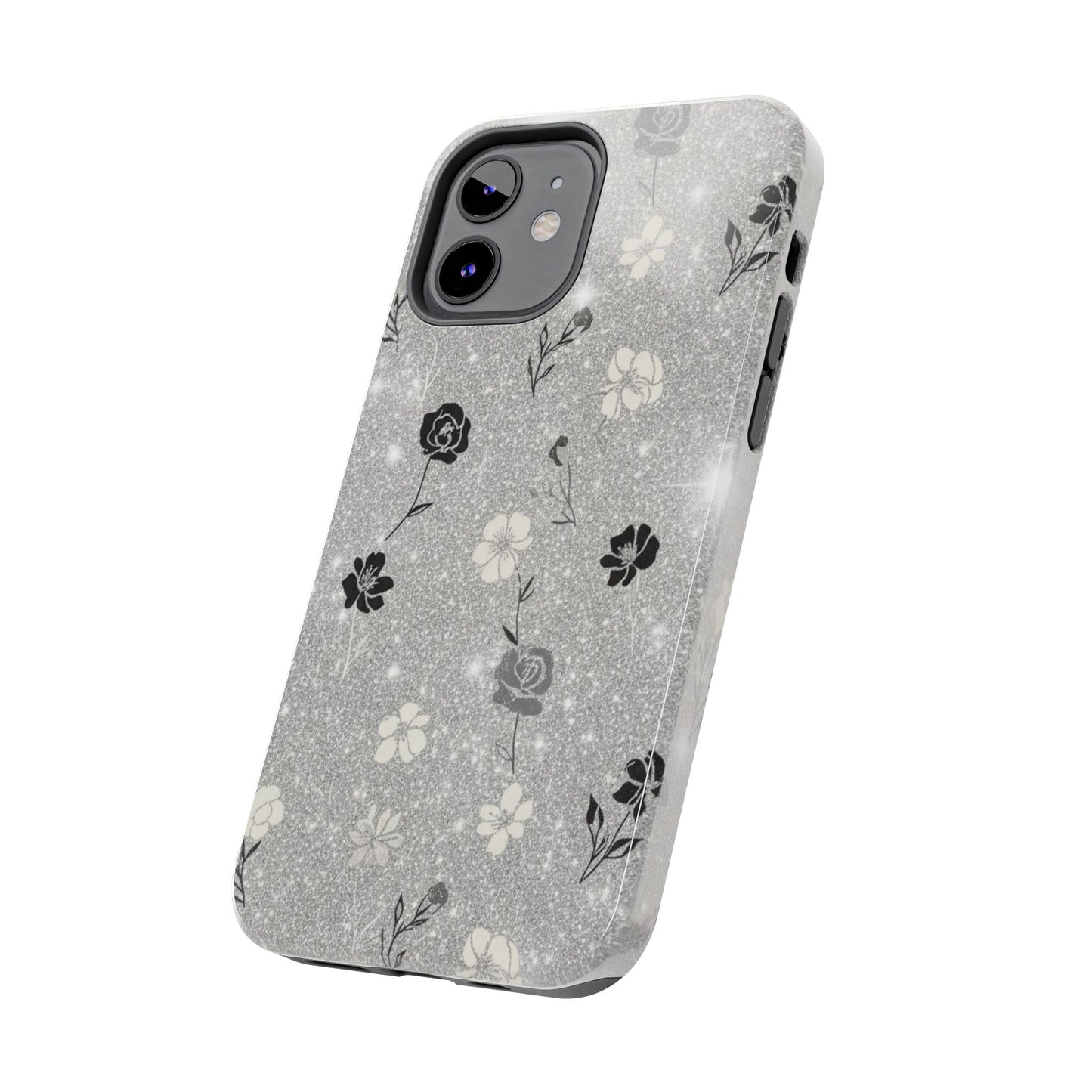 Floral Glitter Tough Phone Case — Black & Silver Vintage Flower Protective Cover