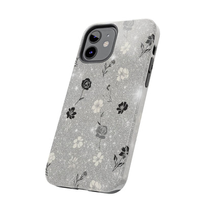Floral Glitter Tough Phone Case — Black & Silver Vintage Flower Protective Cover