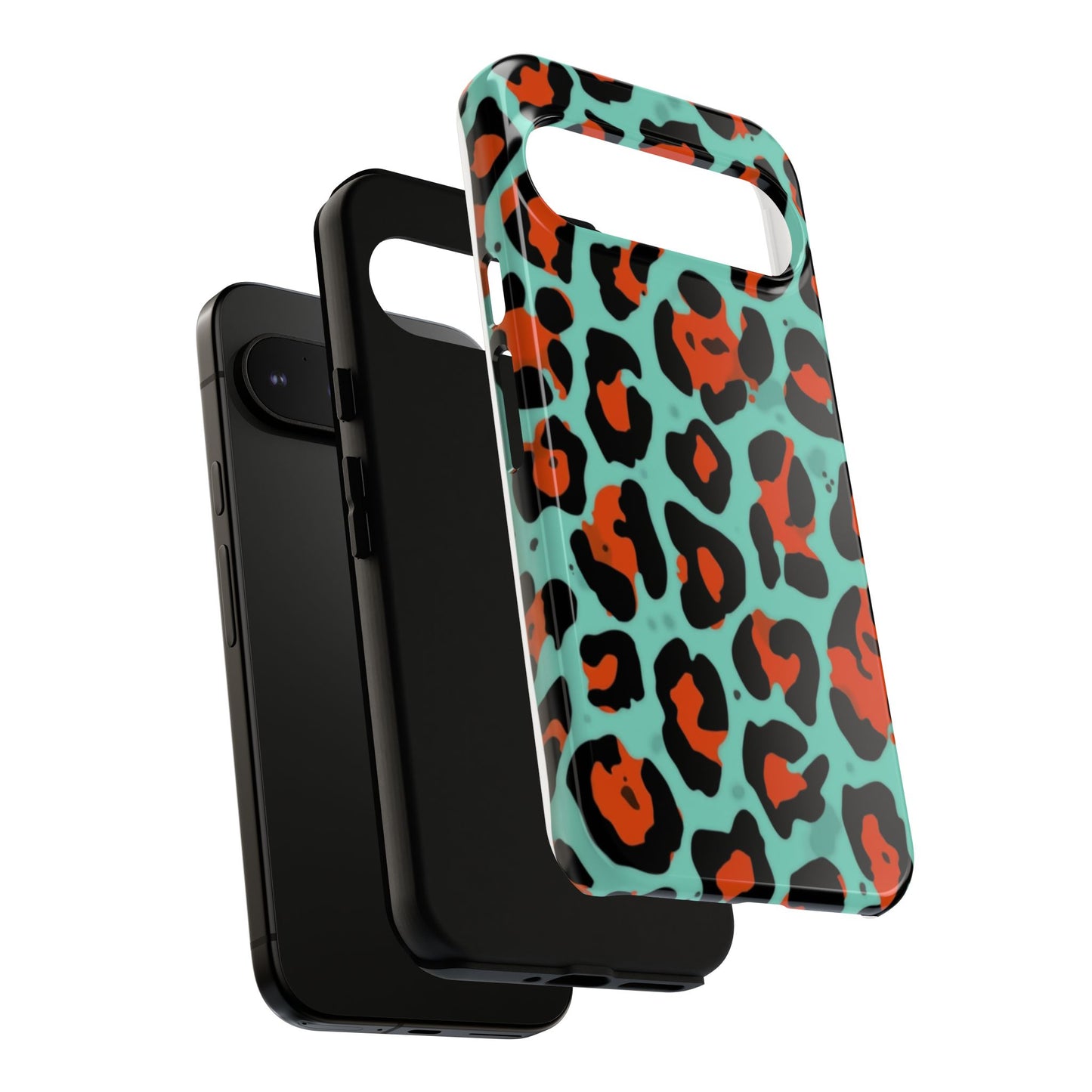 Leopard Print Tough Phone Case — Teal & Rust Protective iPhone Cover