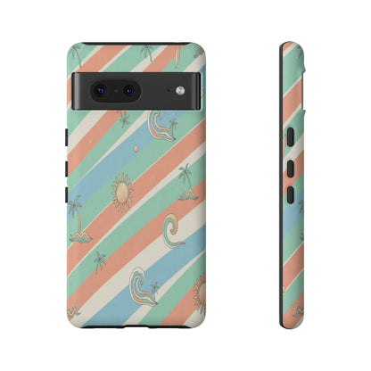 Retro Beach Stripes Phone Case — Sun, Waves & Palm Pattern Tough Case