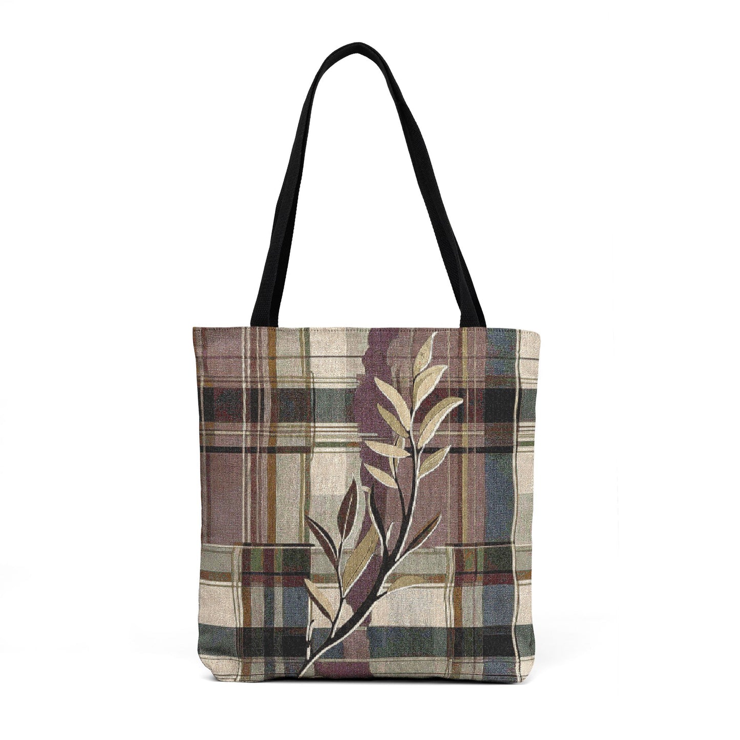 Floral Plaid Woven Tote — Neutral Abstract Botanical Tote Bag