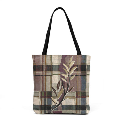 Floral Plaid Woven Tote — Neutral Abstract Botanical Tote Bag