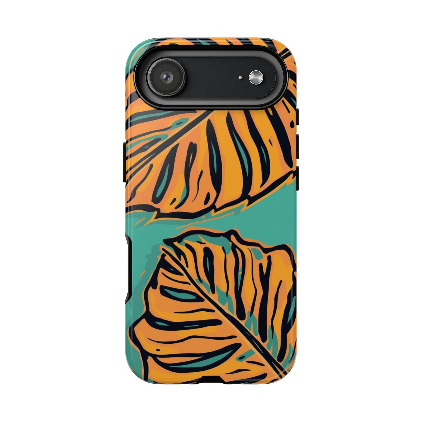 Tropical Leaf Tough Phone Case — Orange Monstera Design on Teal