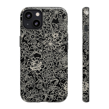 Floral Doodle Tough Phone Case — Black & White Sketch Flower Protective Cover