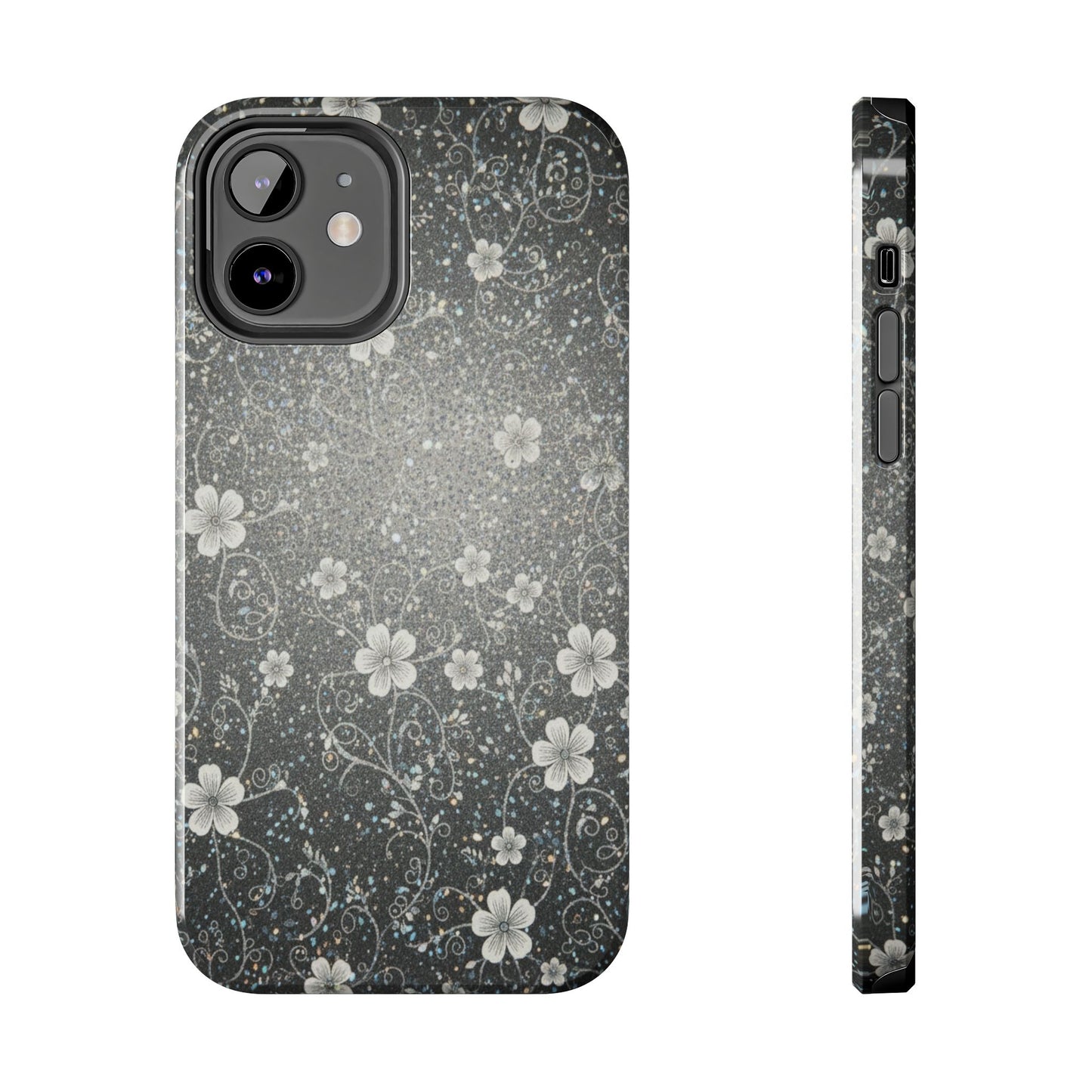 Floral Sparkle Tough Phone Case — Black & Silver Vintage Blossom
