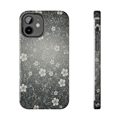 Floral Sparkle Tough Phone Case — Black & Silver Vintage Blossom