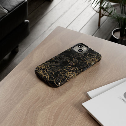 Floral Gold Outline Tough Phone Case – Black Botanical Protective Cover